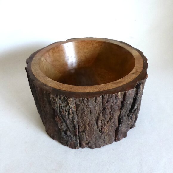 NEW 7” HANDCRAFTED RUSTIC WOOD LOG TREE BARK DECORATIVE BOWL - Picture 1 of 5